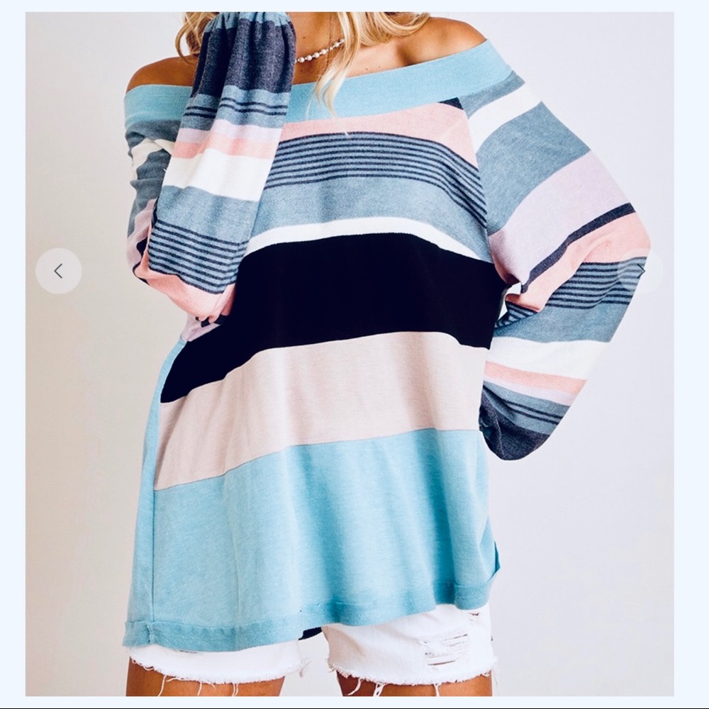 Striped color block off the shoulder top - Picture 3 of 6